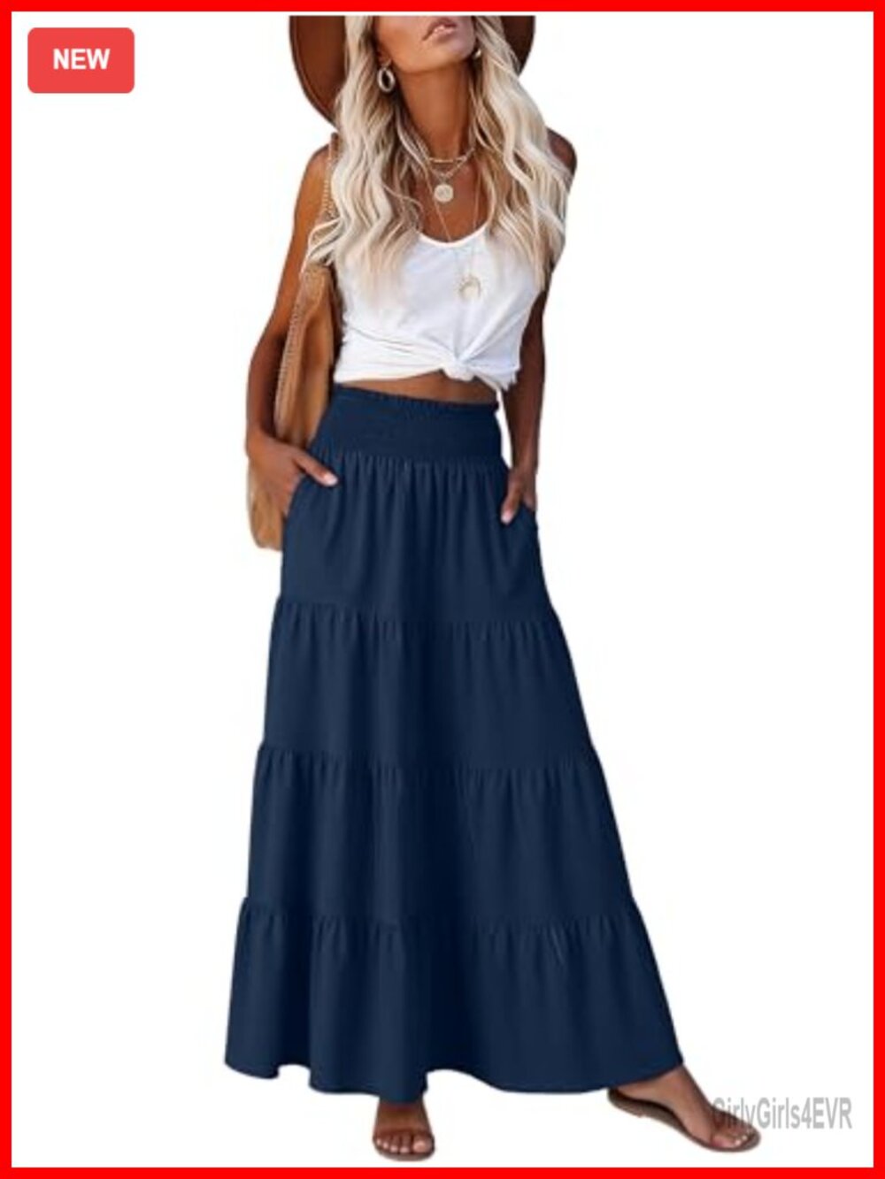 ANRABESS Women's Maxi Skirt Polyester Elastic High Waist Tiered Flowy Boho Beach